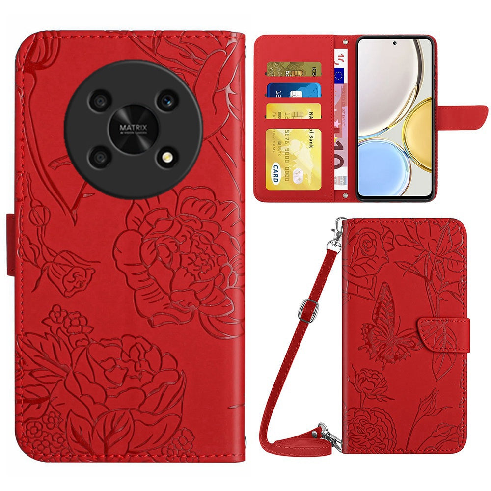 For Honor Magic4 Lite 5G Stand Wallet Case Imprinting Butterfly Flowers Skin-touch PU Leather Phone Cover with Shoulder Strap