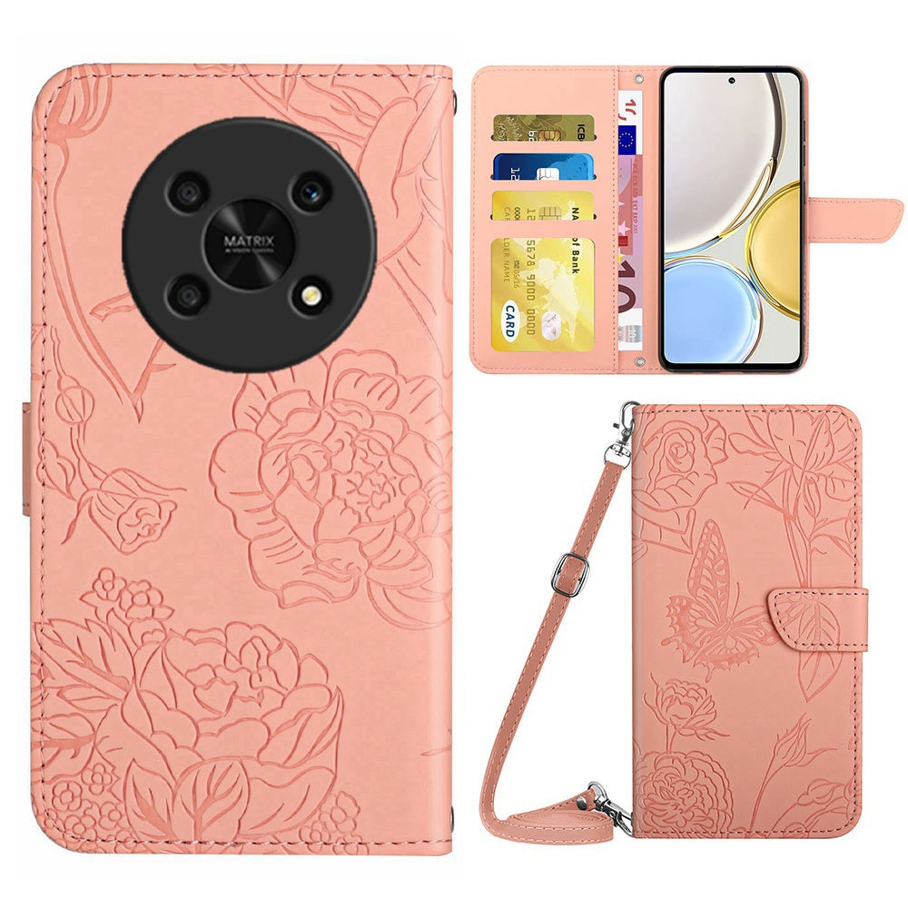 For Honor Magic4 Lite 5G Stand Wallet Case Imprinting Butterfly Flowers Skin-touch PU Leather Phone Cover with Shoulder Strap