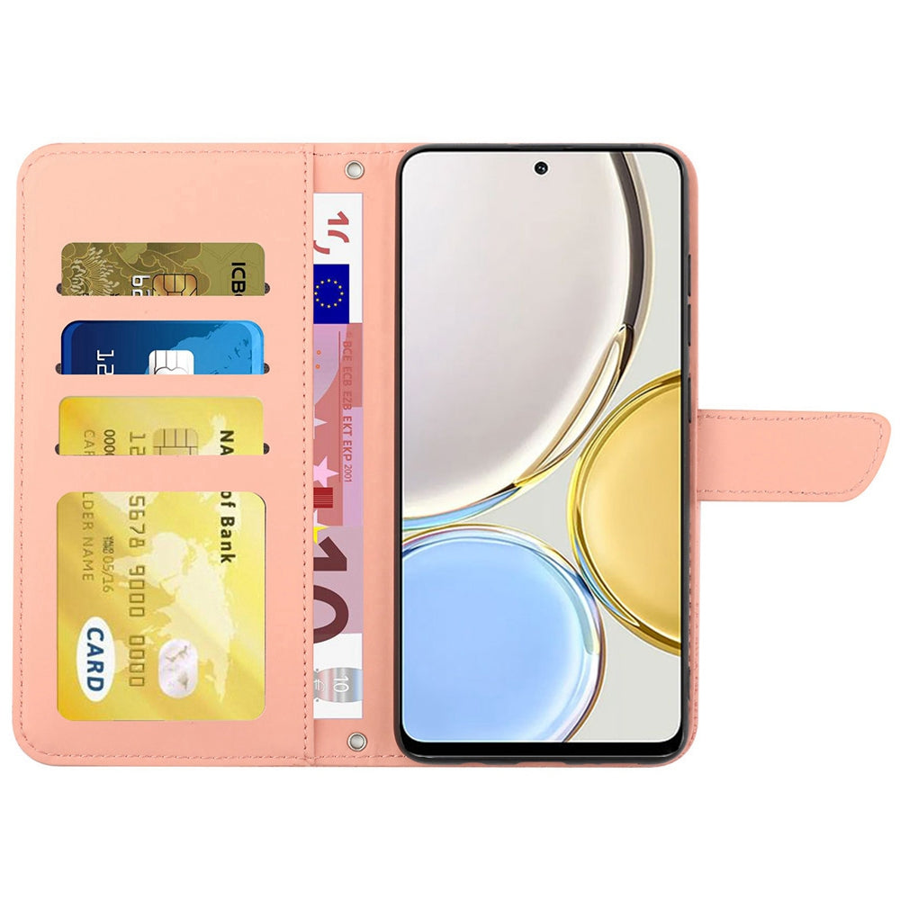 For Honor Magic4 Lite 5G Stand Wallet Case Imprinting Butterfly Flowers Skin-touch PU Leather Phone Cover with Shoulder Strap