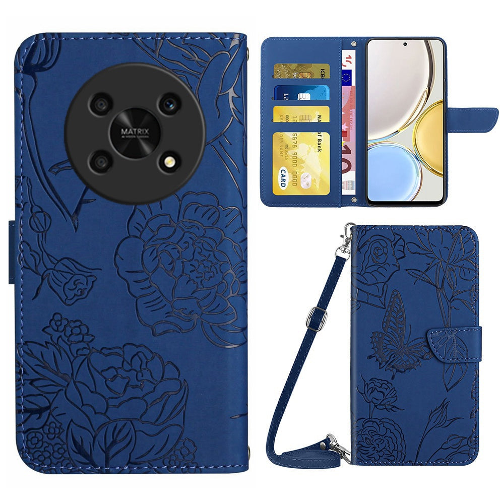 For Honor Magic4 Lite 5G Stand Wallet Case Imprinting Butterfly Flowers Skin-touch PU Leather Phone Cover with Shoulder Strap