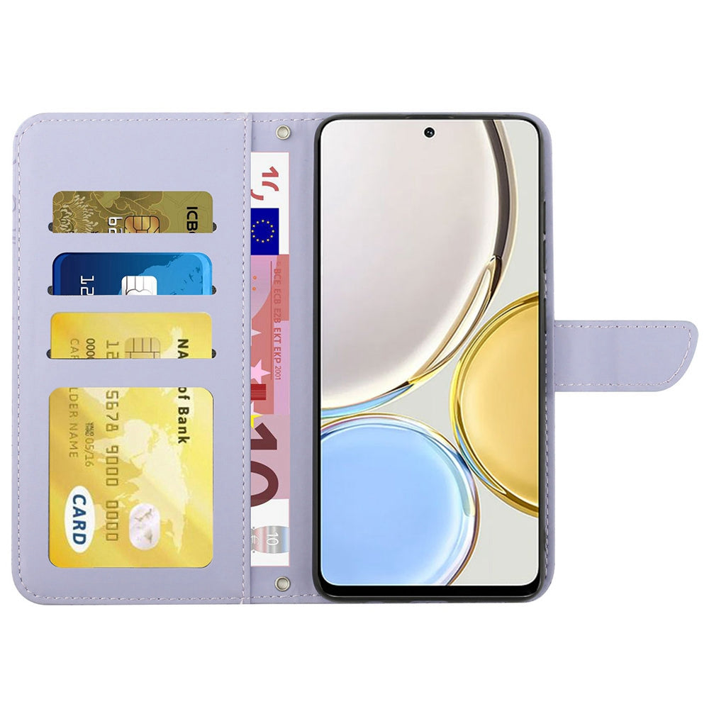 For Honor Magic4 Lite 5G Stand Wallet Case Imprinting Butterfly Flowers Skin-touch PU Leather Phone Cover with Shoulder Strap