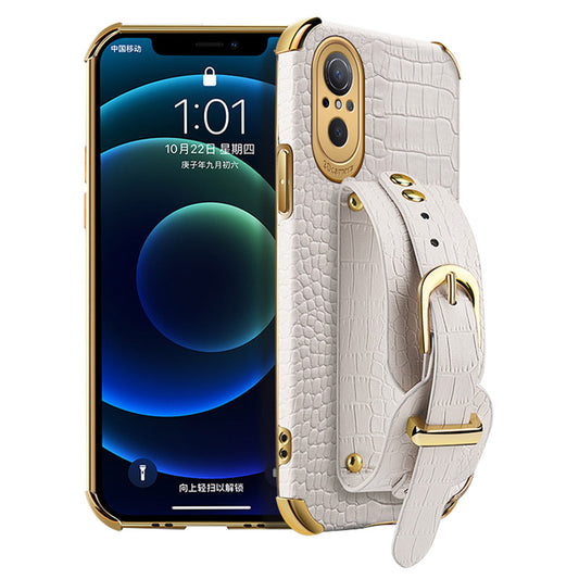 For Huawei nova 9 SE Anti-scratch Phone Cover 6D Electroplating Crocodile Texture Anti-drop Phone Case Precise Cutout PU Leather Coated TPU Shell with Hand Strap Kickstand