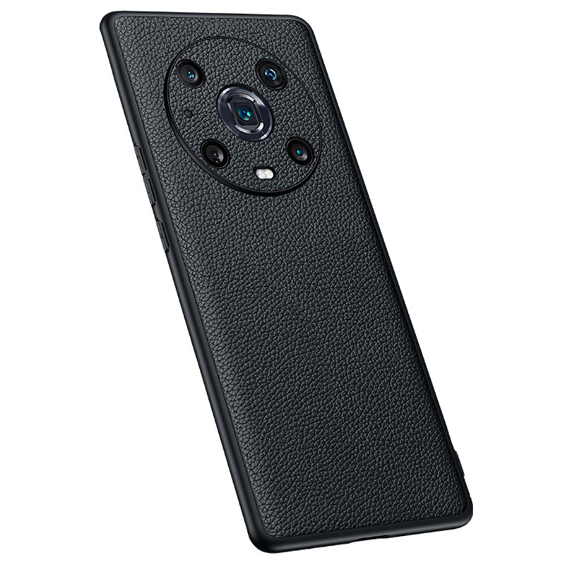 For Honor Magic4 Pro Litchi Texture Non-Slip Case Genuine Cowhide Leather Coated TPU Precise Cutouts Cover