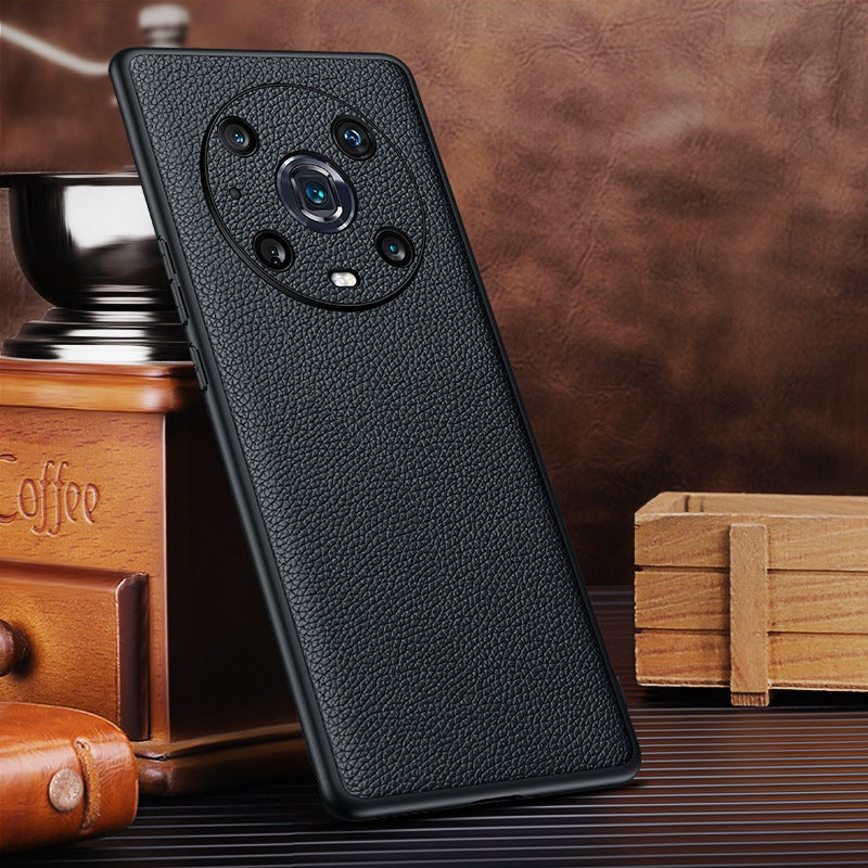 For Honor Magic4 Pro Litchi Texture Non-Slip Case Genuine Cowhide Leather Coated TPU Precise Cutouts Cover