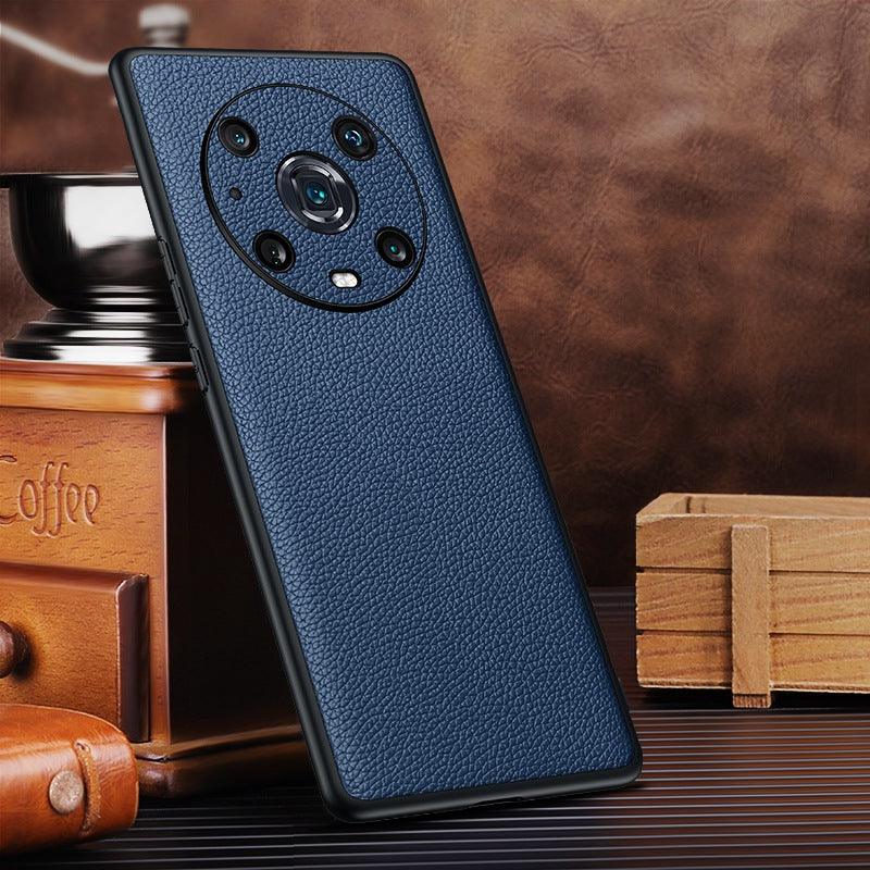 For Honor Magic4 Pro Litchi Texture Non-Slip Case Genuine Cowhide Leather Coated TPU Precise Cutouts Cover