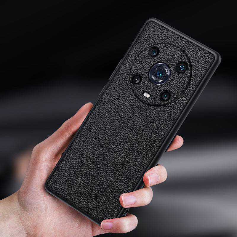 For Honor Magic4 Pro Litchi Texture Non-Slip Case Genuine Cowhide Leather Coated TPU Precise Cutouts Cover