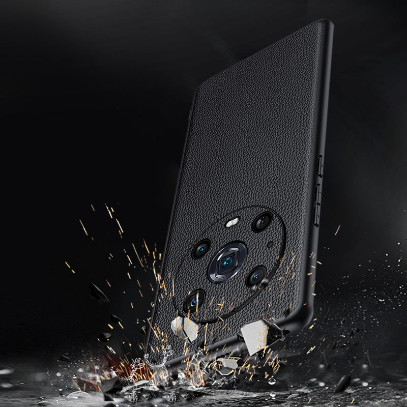 For Honor Magic4 Pro Litchi Texture Non-Slip Case Genuine Cowhide Leather Coated TPU Precise Cutouts Cover