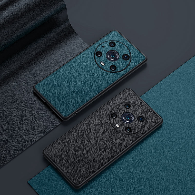 For Honor Magic4 Pro Litchi Texture Non-Slip Case Genuine Cowhide Leather Coated TPU Precise Cutouts Cover
