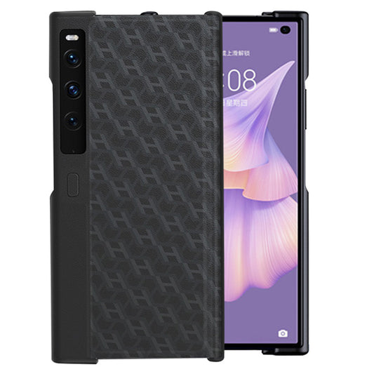 For Huawei Mate Xs 2 PU Leather Coated Hard PC Phone Case H Textured Scratch Resistant Kickstand Cover