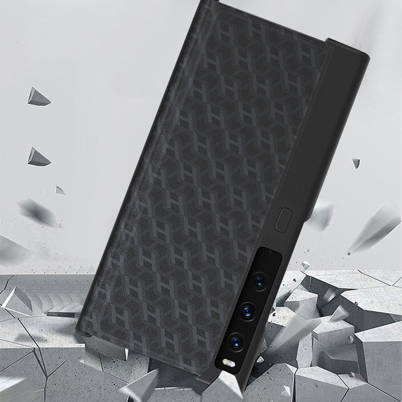 For Huawei Mate Xs 2 PU Leather Coated Hard PC Phone Case H Textured Scratch Resistant Kickstand Cover