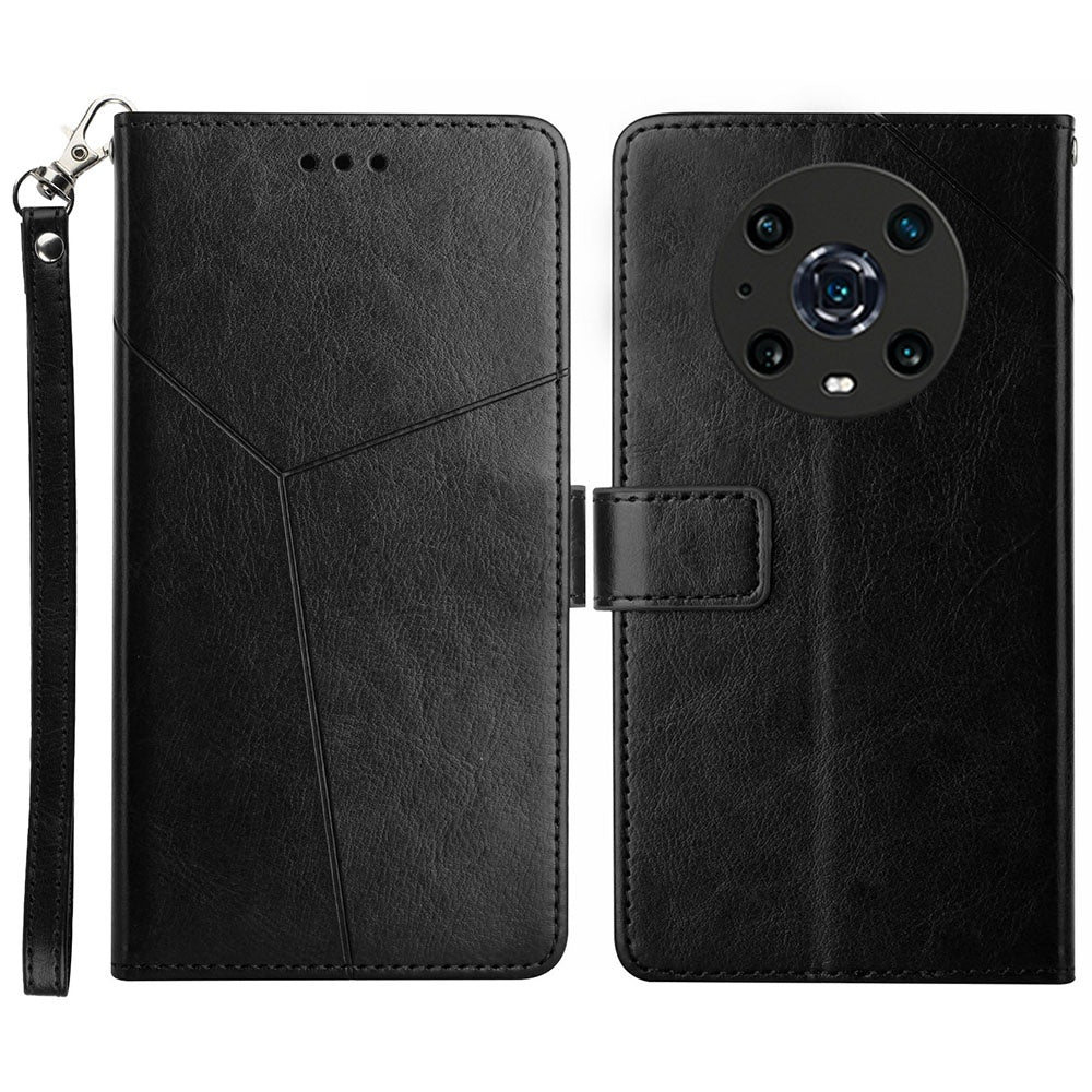 For Honor Magic4 Pro 5G Imprinted Y-Shaped Lines Drop-proof PU Leather Flip Shell Wallet Stand Magnetic Closure Shockproof Folio Case with Strap