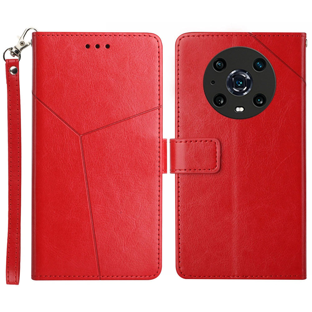 For Honor Magic4 Pro 5G Imprinted Y-Shaped Lines Drop-proof PU Leather Flip Shell Wallet Stand Magnetic Closure Shockproof Folio Case with Strap
