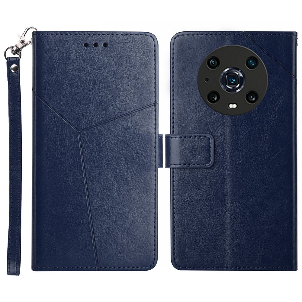 For Honor Magic4 Pro 5G Imprinted Y-Shaped Lines Drop-proof PU Leather Flip Shell Wallet Stand Magnetic Closure Shockproof Folio Case with Strap