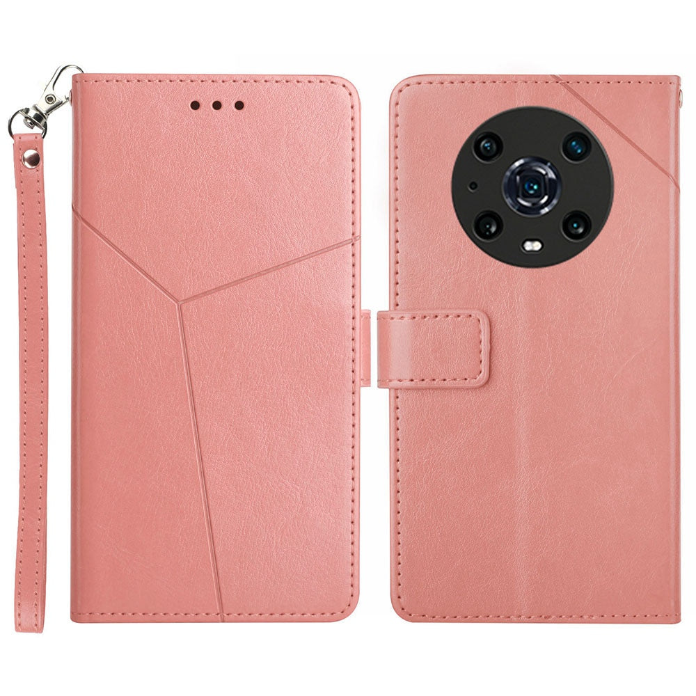 For Honor Magic4 Pro 5G Imprinted Y-Shaped Lines Drop-proof PU Leather Flip Shell Wallet Stand Magnetic Closure Shockproof Folio Case with Strap
