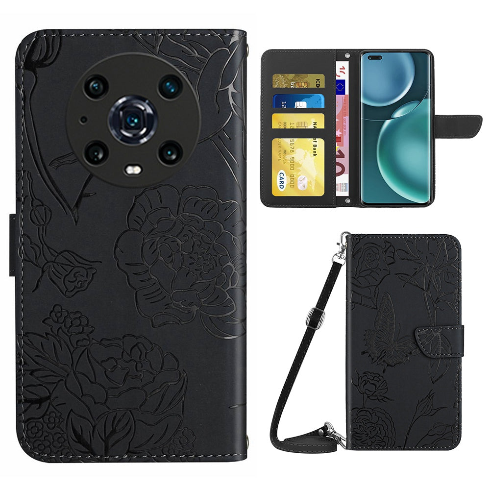 For Honor Magic4 Pro 5G Anti-fall Shockproof Flip Leather Case Butterfly Flowers Pattern Imprinted Wallet Scratch-proof Phone Cover Stand with Shoulder Strap
