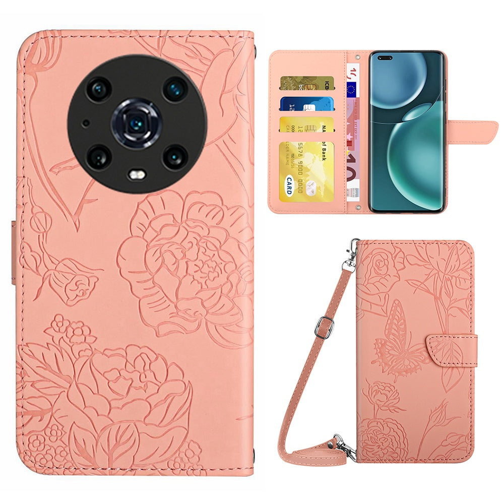 For Honor Magic4 Pro 5G Anti-fall Shockproof Flip Leather Case Butterfly Flowers Pattern Imprinted Wallet Scratch-proof Phone Cover Stand with Shoulder Strap