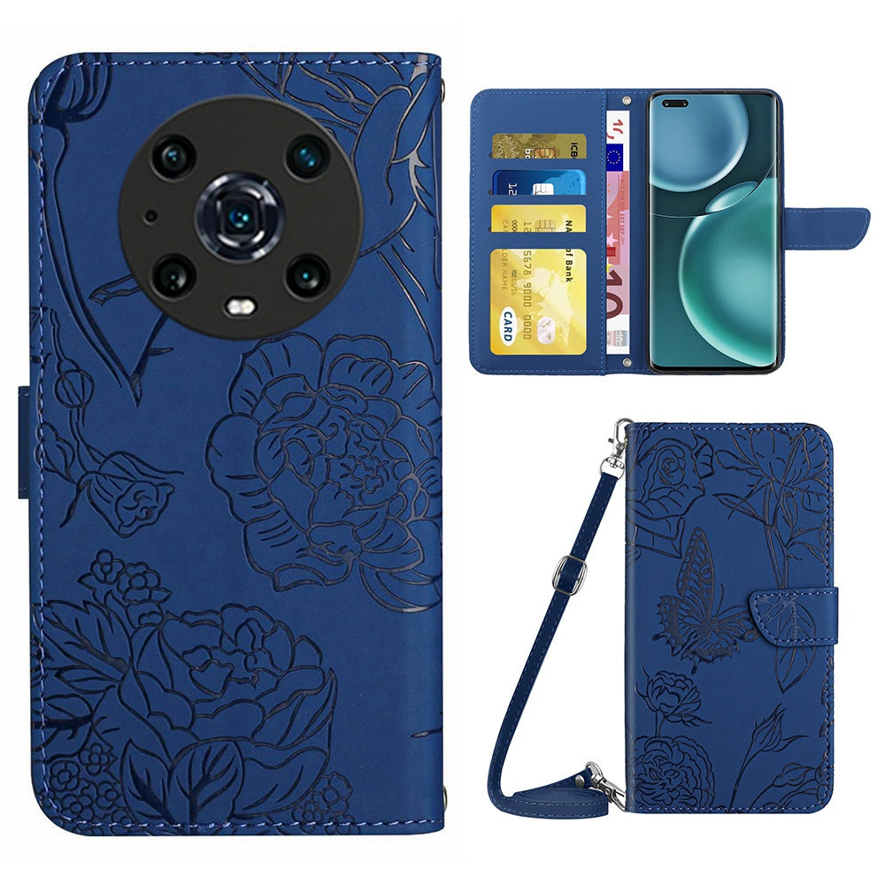 For Honor Magic4 Pro 5G Anti-fall Shockproof Flip Leather Case Butterfly Flowers Pattern Imprinted Wallet Scratch-proof Phone Cover Stand with Shoulder Strap