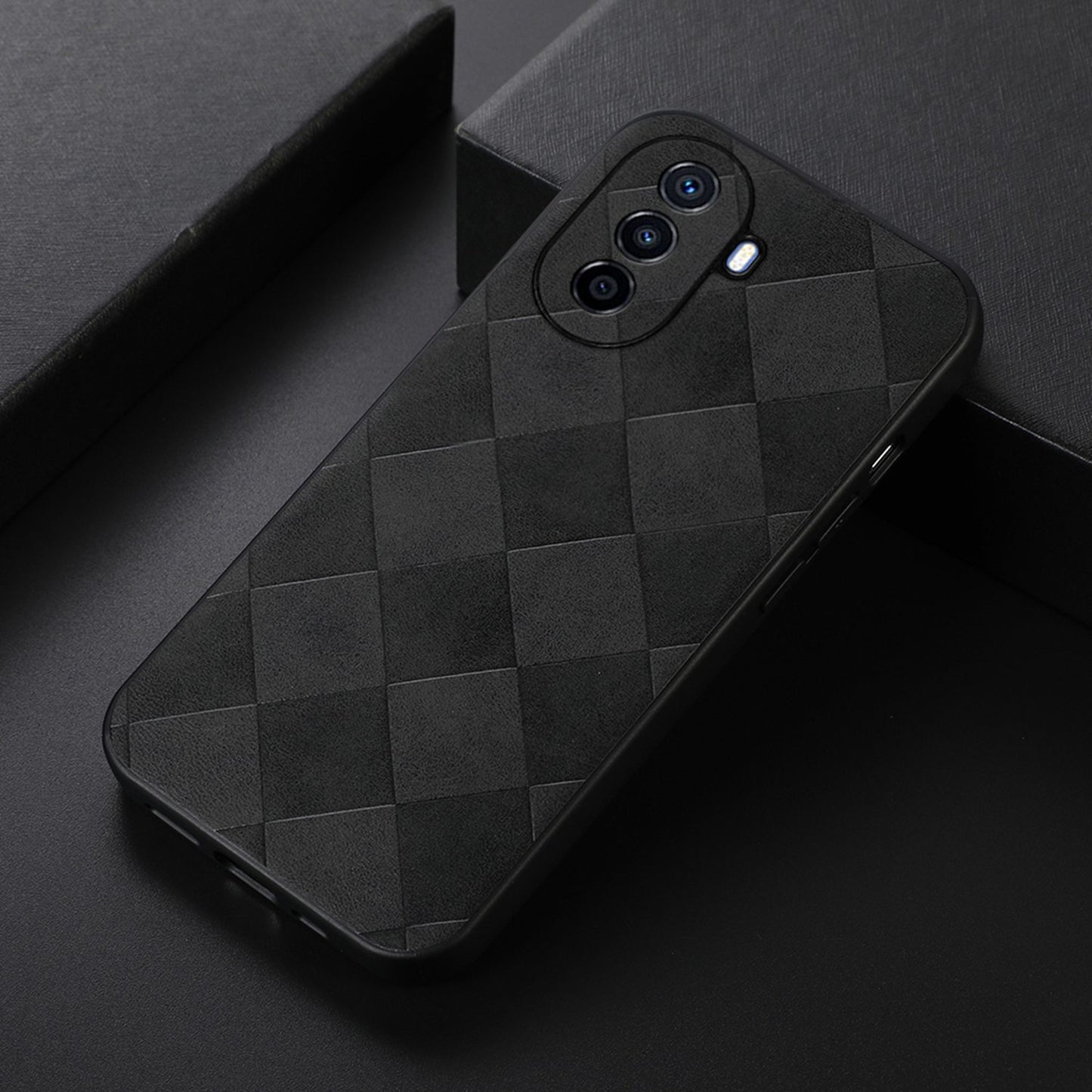 For Huawei Enjoy 50/nova Y70 4G/nova Y70 Plus 4G PU Leather Grid Texture Phone Case Soft TPU Hard PC Hybrid Shockproof Cover