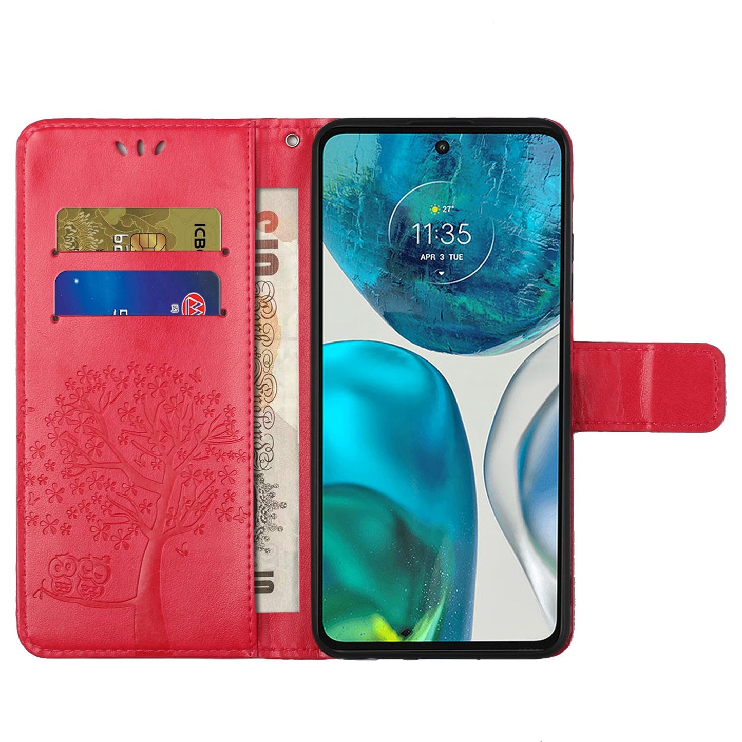 For Motorola Moto G52 4G Anti-scratch Anti-drop PU Leather Phone Cover Owl Tree Pattern Imprinted Wallet Style Stand Case with Wrist Strap