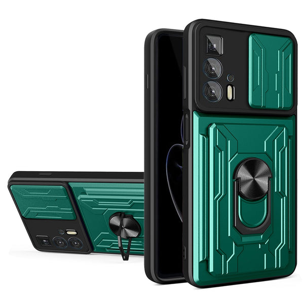 PC + TPU Case for Motorola Edge 20 Pro, Card Holder Ring Kickstand Shockproof Phone Cover with Slide Camera Protection