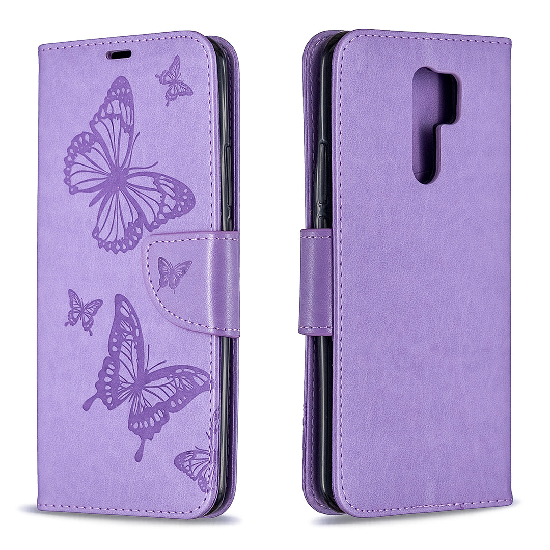 Imprint Butterflies Wallet Stand Flip Leather Phone Shell for Xiaomi Redmi 9