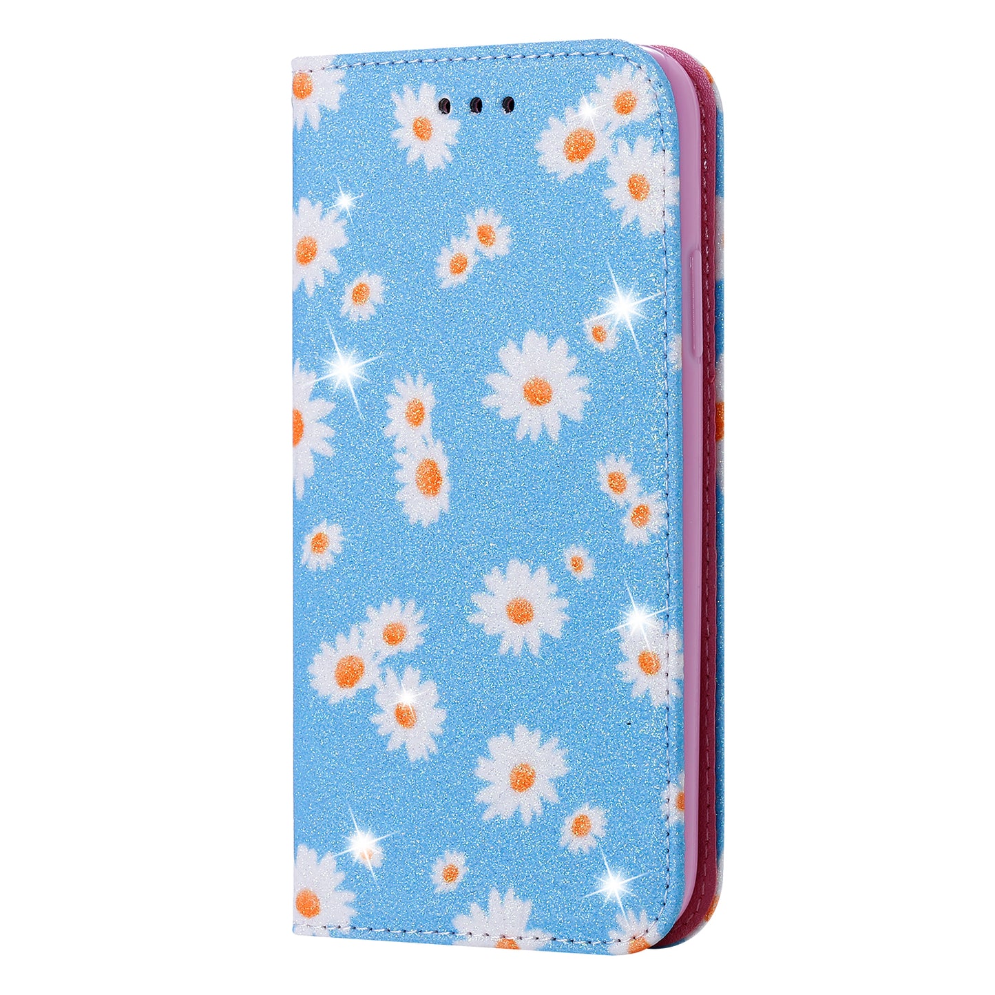 Daisy Pattern Flash Powder Card Holder Flip Leather Phone Case for Xiaomi Redmi 9