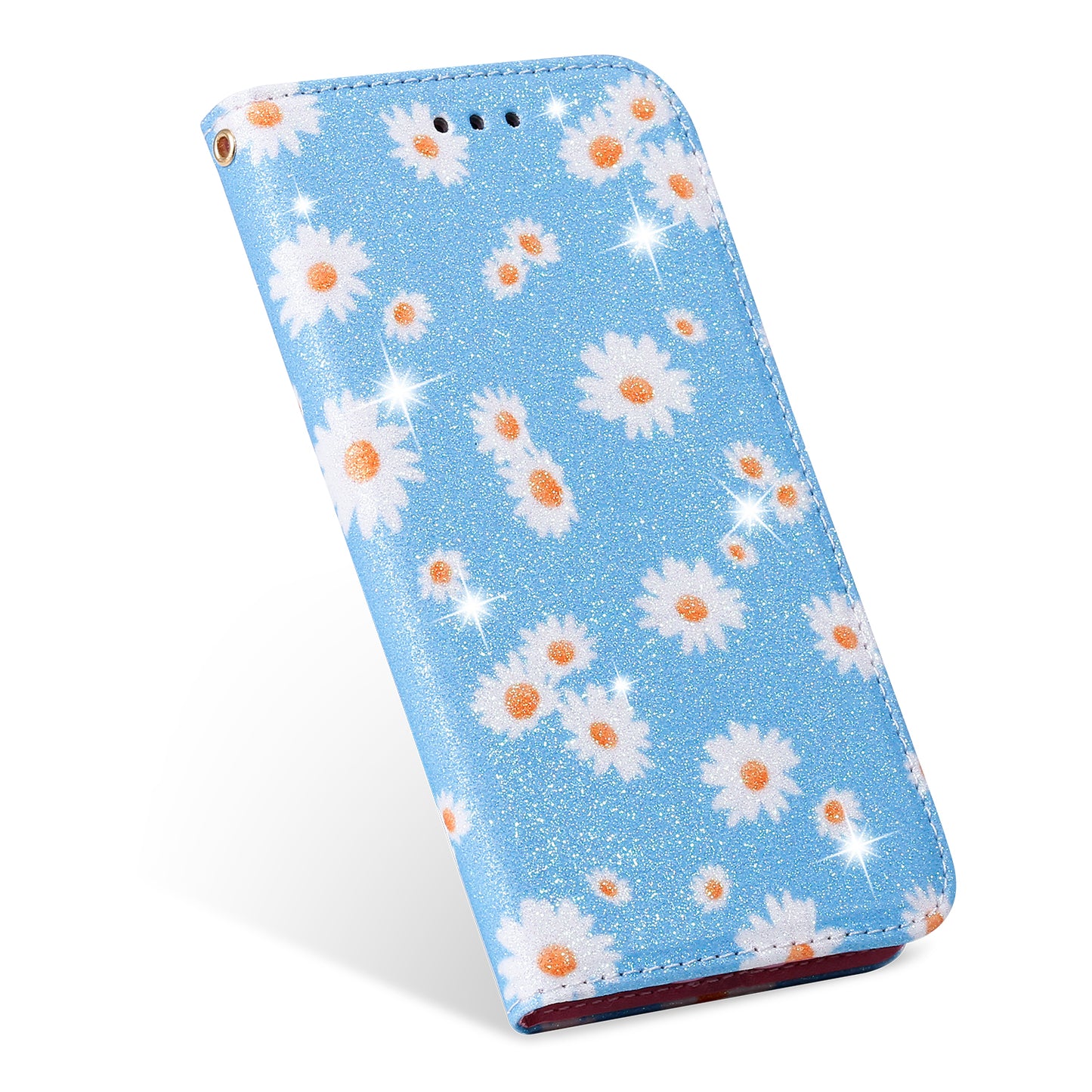 Daisy Pattern Flash Powder Card Holder Flip Leather Phone Case for Xiaomi Redmi 9