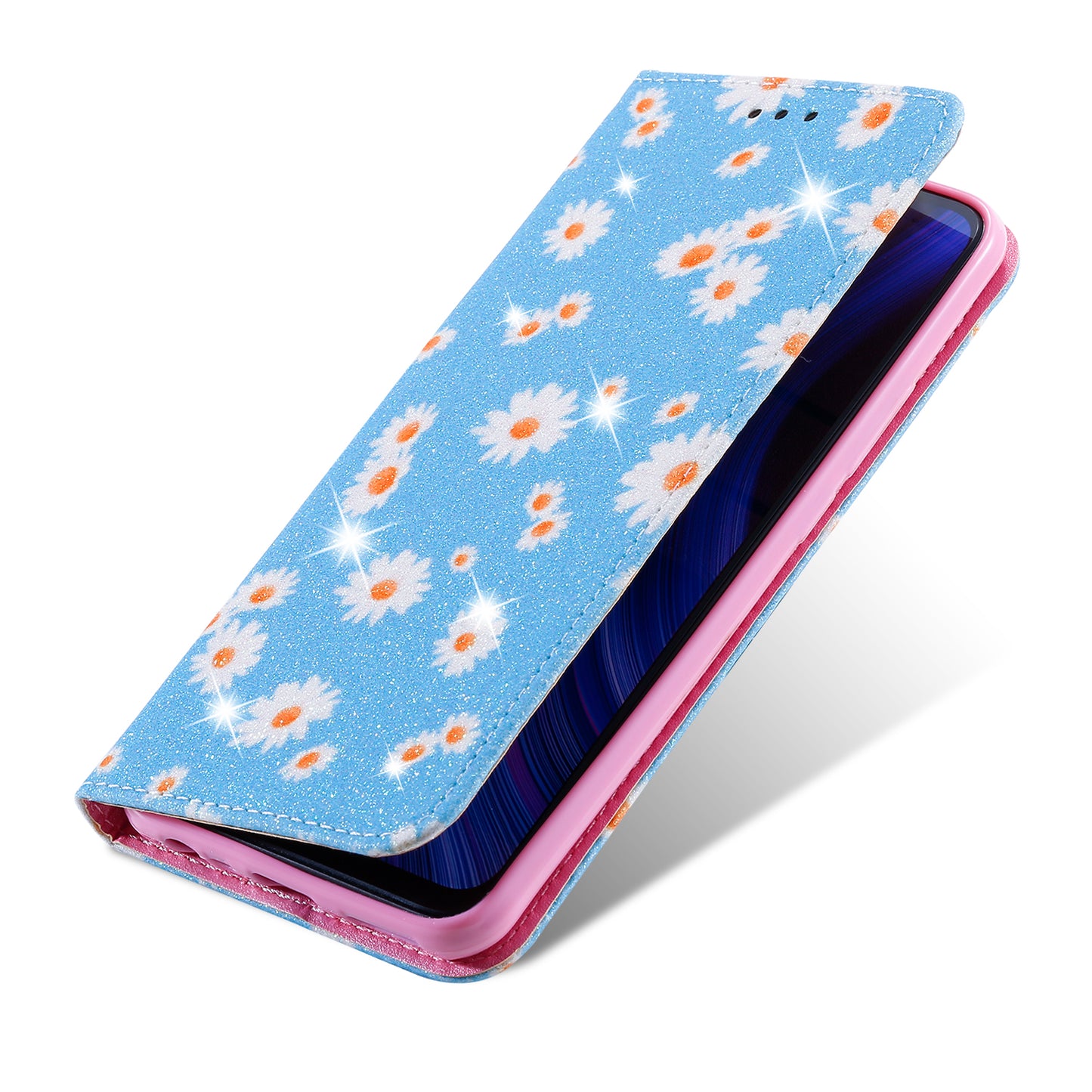 Daisy Pattern Flash Powder Card Holder Flip Leather Phone Case for Xiaomi Redmi 9