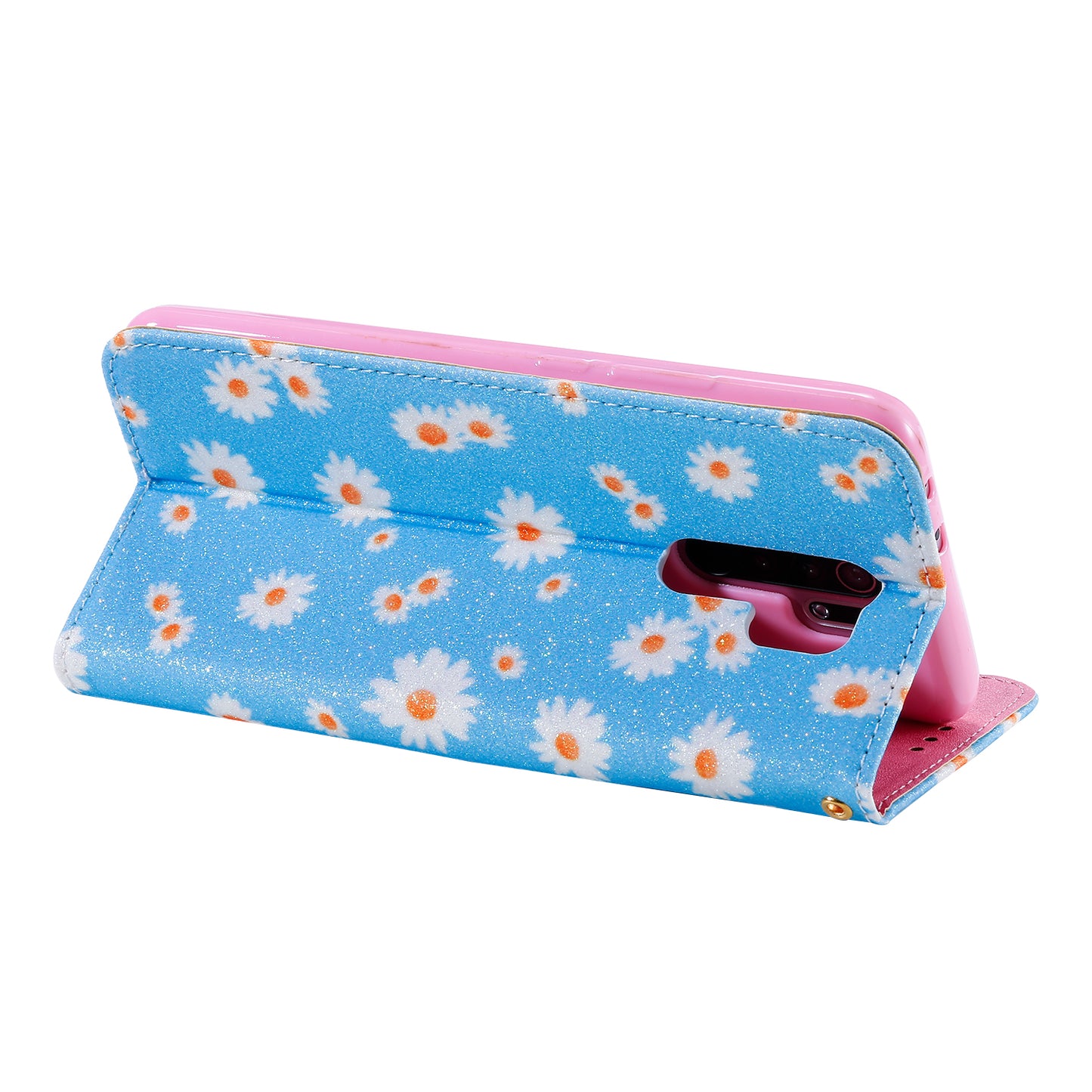 Daisy Pattern Flash Powder Card Holder Flip Leather Phone Case for Xiaomi Redmi 9