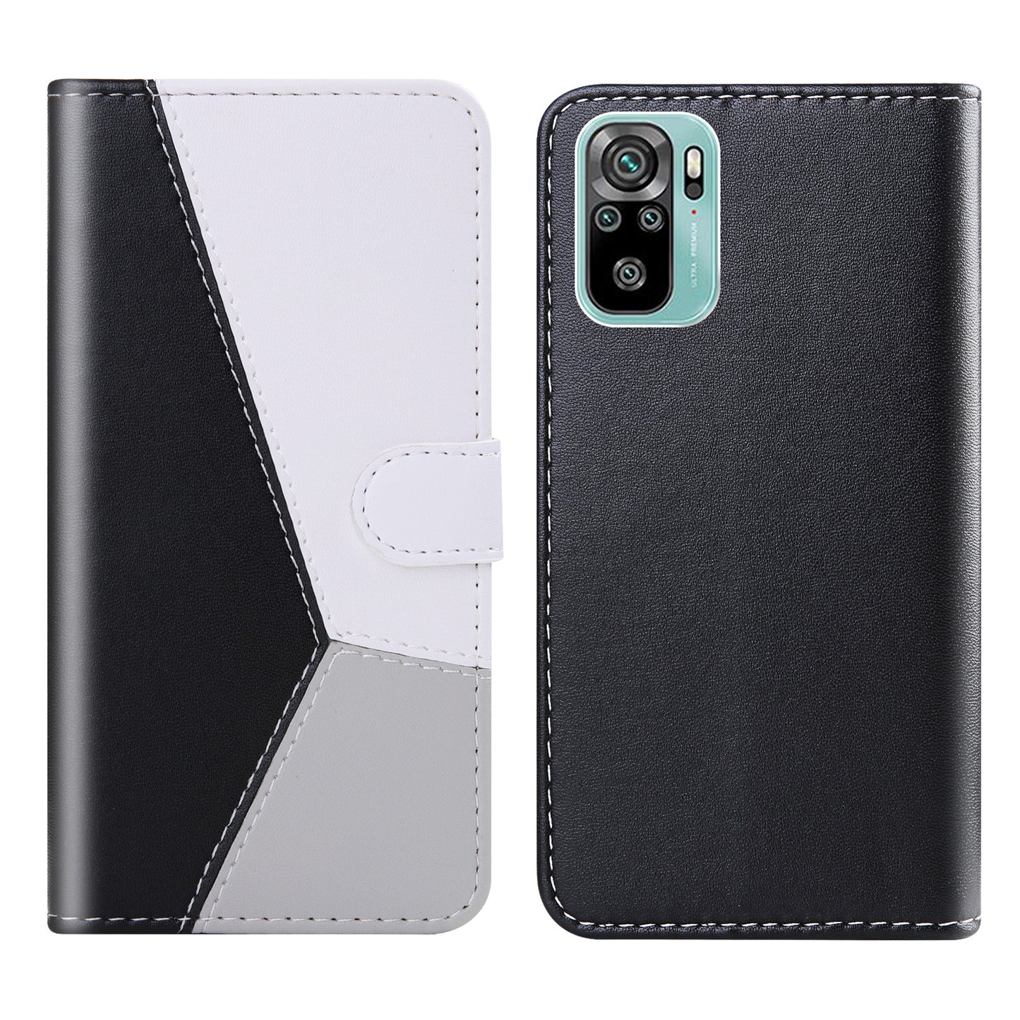 Three-color Splicing Leather Cover Wallet Stand Protective Case for Xiaomi Redmi Note 10 4G / Note 10S / Poco M5s 4G