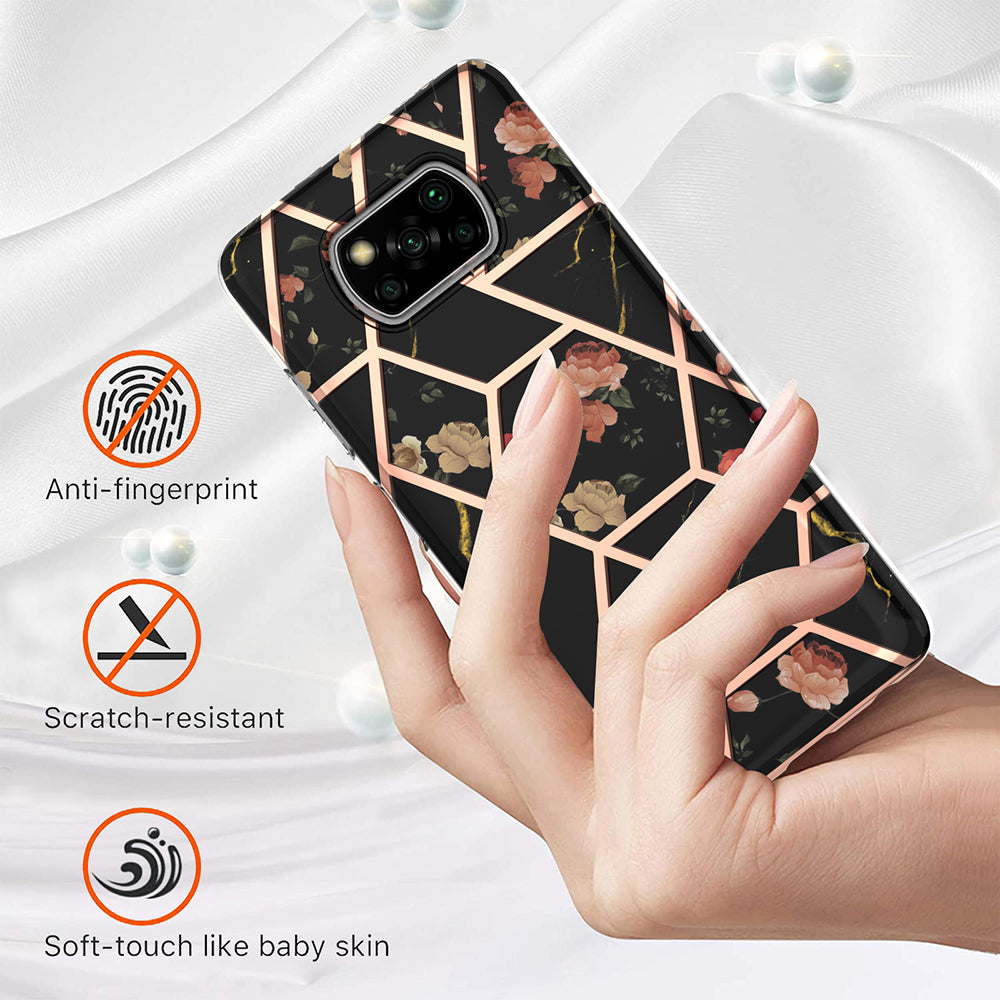 2.0mm IMD IML Electroplating Phone Case with Flower Marble Pattern for Xiaomi Poco X3 NFC / Poco X3 / Poco X3 Pro