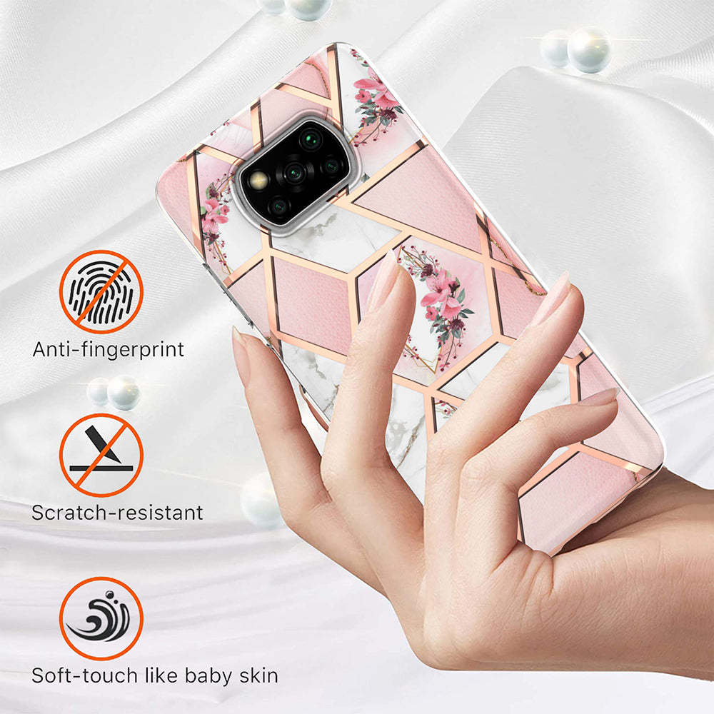 2.0mm IMD IML Electroplating Phone Case with Flower Marble Pattern for Xiaomi Poco X3 NFC / Poco X3 / Poco X3 Pro