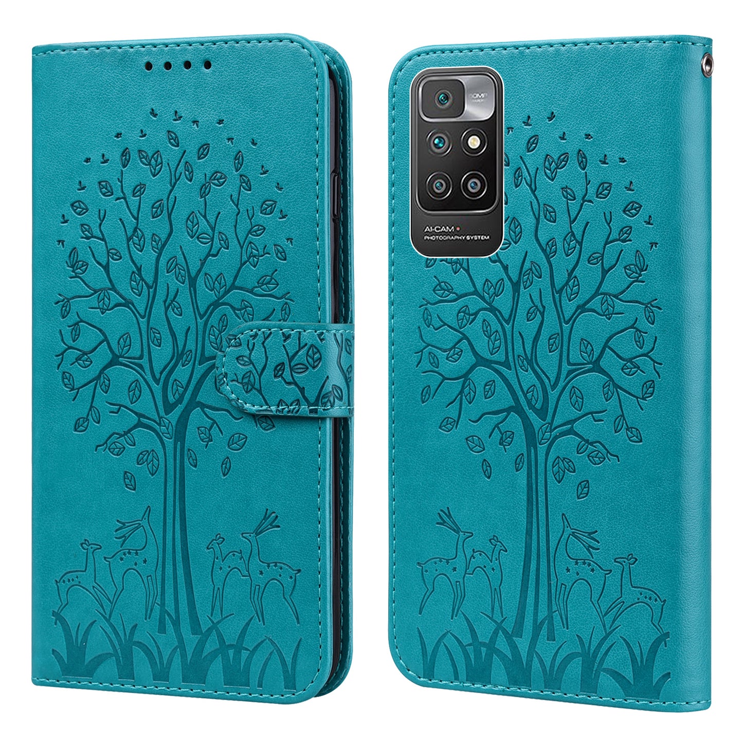 Tree and Deer Imprinted Double-sided Magnetic Clasp Scratch-resistant Stylish Leather Wallet Stand Phone Shell Case for Xiaomi Xiaomi Redmi 10 4G (2021)/Redmi 10 2022 4G/Redmi Note 11 4G (MediaTek)/Redmi 10 Prime
