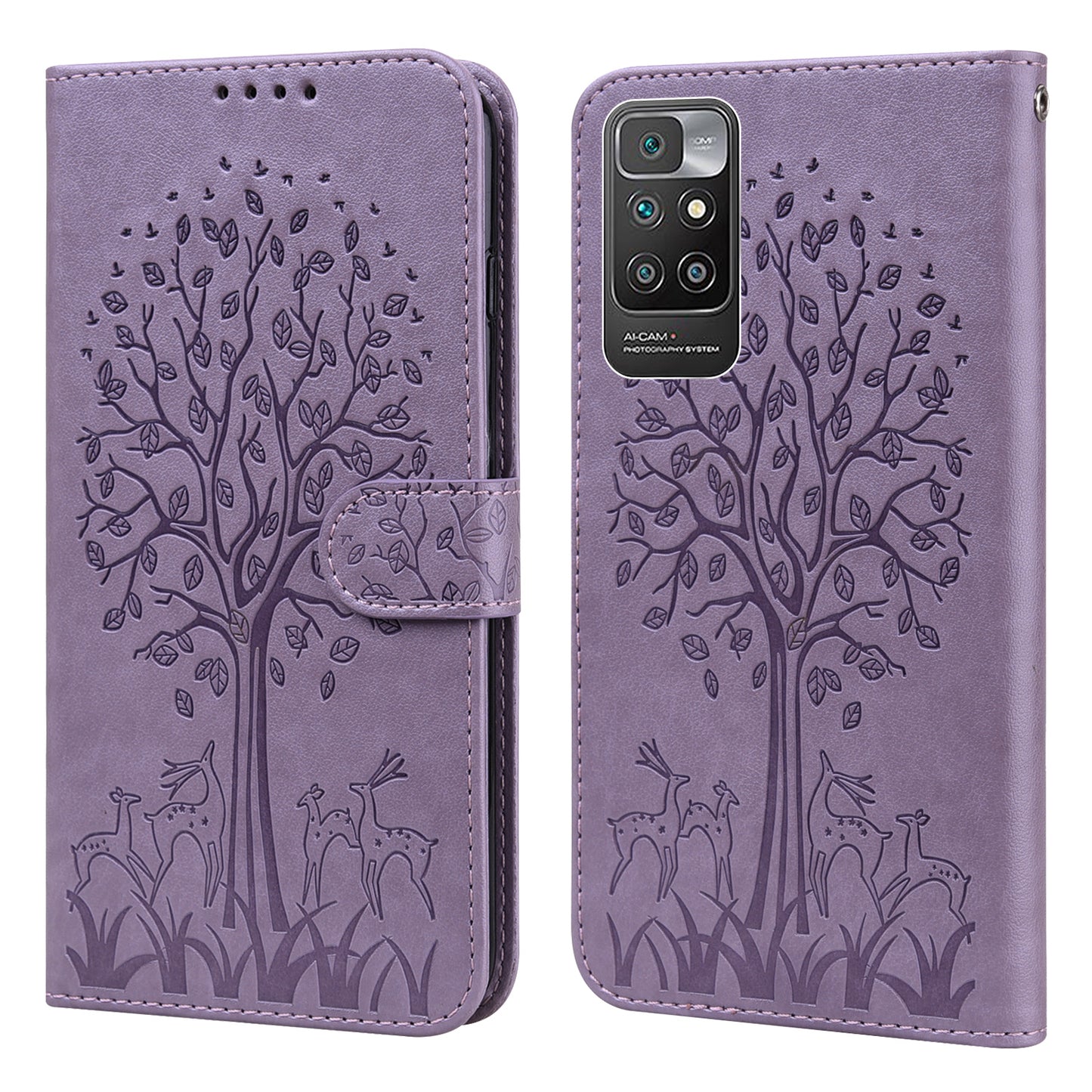 Tree and Deer Imprinted Double-sided Magnetic Clasp Scratch-resistant Stylish Leather Wallet Stand Phone Shell Case for Xiaomi Xiaomi Redmi 10 4G (2021)/Redmi 10 2022 4G/Redmi Note 11 4G (MediaTek)/Redmi 10 Prime