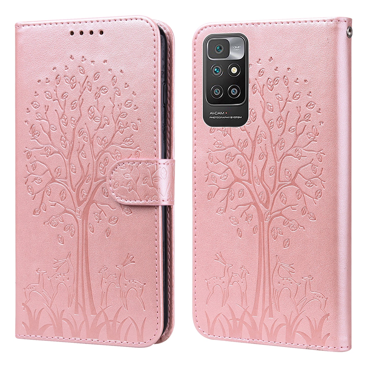 Tree and Deer Imprinted Double-sided Magnetic Clasp Scratch-resistant Stylish Leather Wallet Stand Phone Shell Case for Xiaomi Xiaomi Redmi 10 4G (2021)/Redmi 10 2022 4G/Redmi Note 11 4G (MediaTek)/Redmi 10 Prime