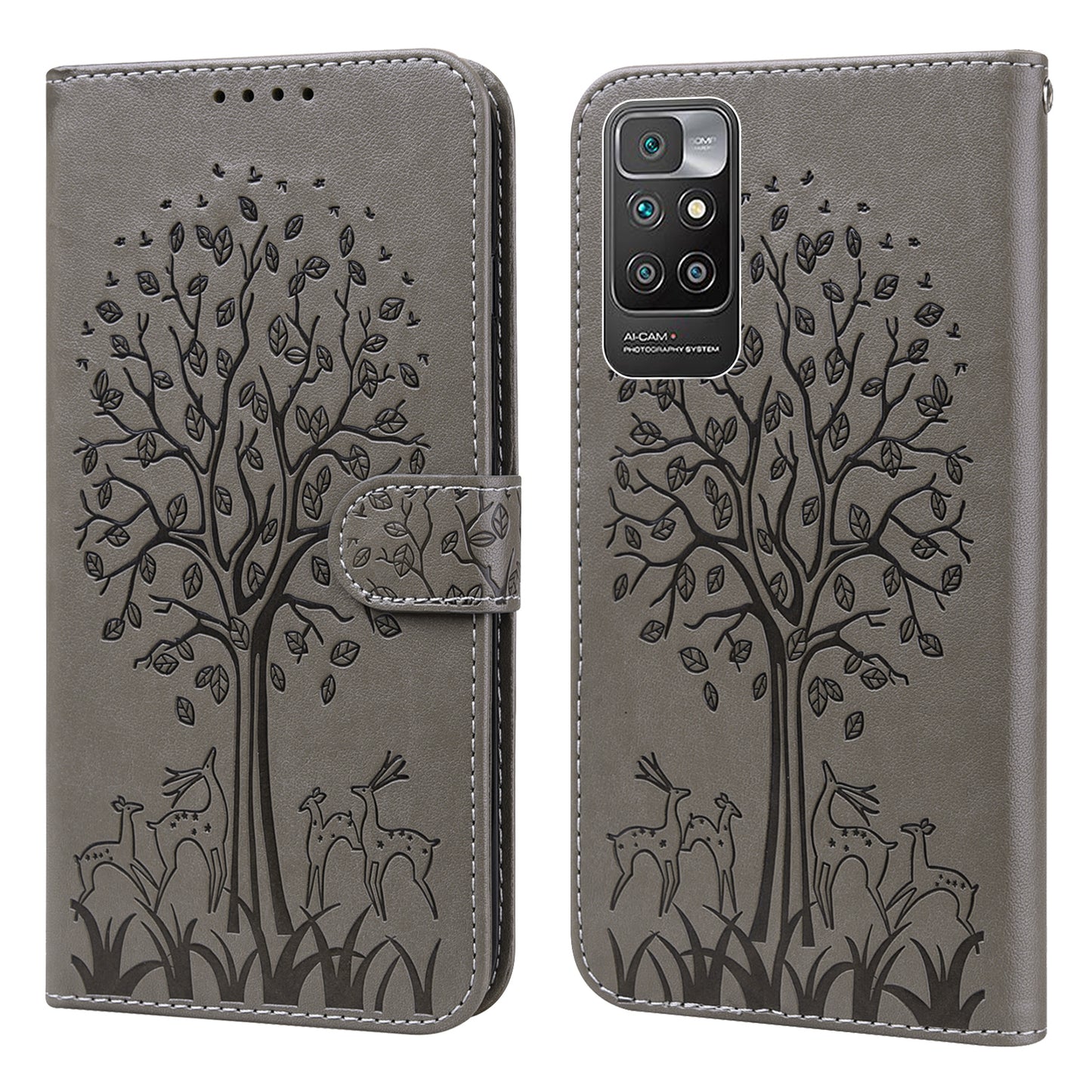 Tree and Deer Imprinted Double-sided Magnetic Clasp Scratch-resistant Stylish Leather Wallet Stand Phone Shell Case for Xiaomi Xiaomi Redmi 10 4G (2021)/Redmi 10 2022 4G/Redmi Note 11 4G (MediaTek)/Redmi 10 Prime