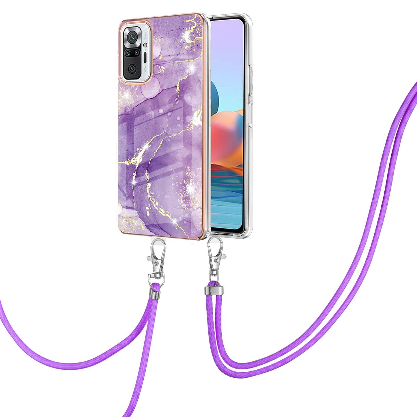 IML IMD Marble Pattern Scratch-Resistant Electroplating Frame Flexible TPU Phone Cover Case with Adjustable Lanyard for Xiaomi Redmi Note 10 Pro 4G (Global)/Note 10 Pro 4G (India)/Note 10 Pro Max