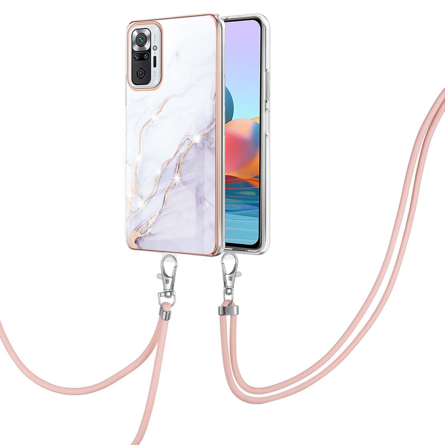 IML IMD Marble Pattern Scratch-Resistant Electroplating Frame Flexible TPU Phone Cover Case with Adjustable Lanyard for Xiaomi Redmi Note 10 Pro 4G (Global)/Note 10 Pro 4G (India)/Note 10 Pro Max