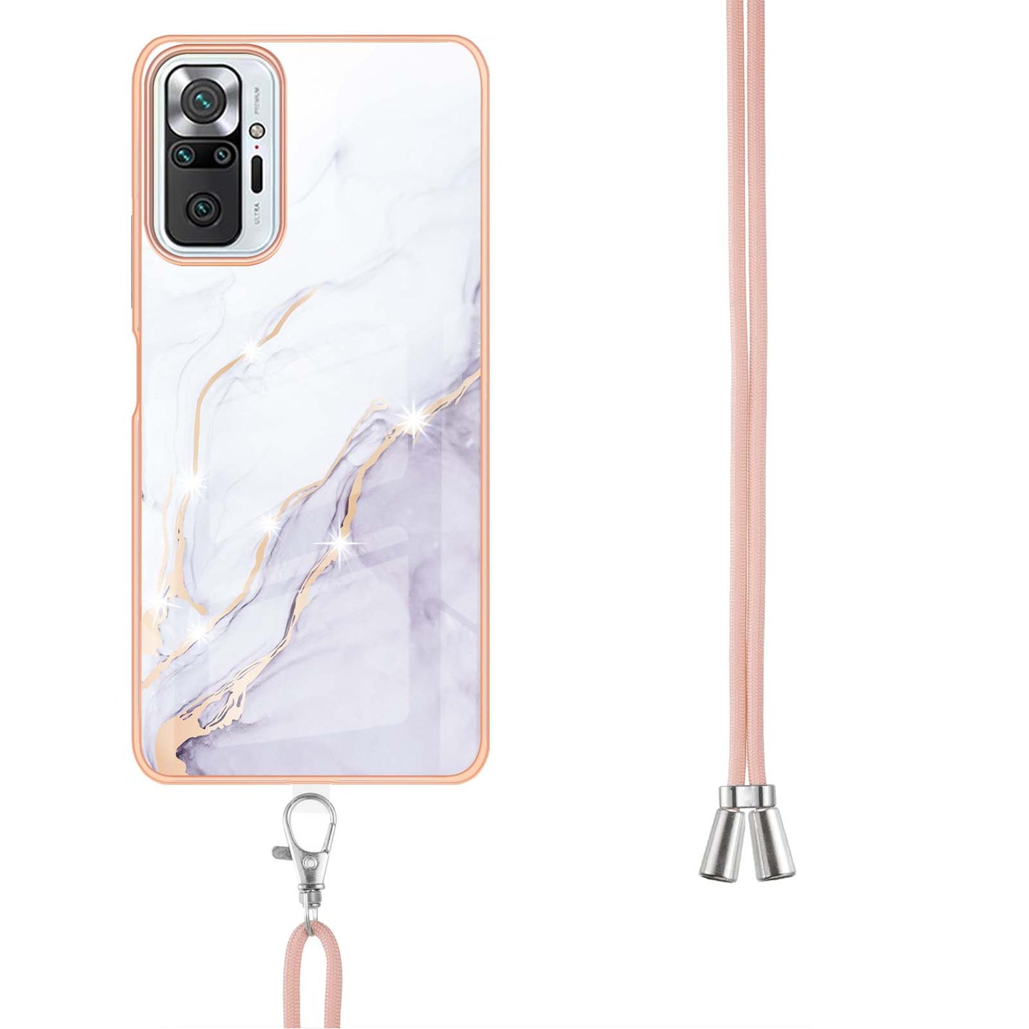 IML IMD Marble Pattern Scratch-Resistant Electroplating Frame Flexible TPU Phone Cover Case with Adjustable Lanyard for Xiaomi Redmi Note 10 Pro 4G (Global)/Note 10 Pro 4G (India)/Note 10 Pro Max