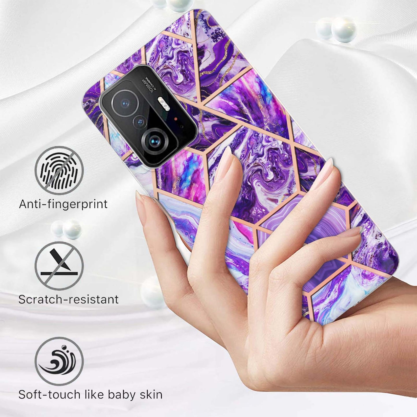 2.0mm Ultra-thin IMD Electroplating Scratch-resistant Marble Pattern Printing Flexible TPU Phone Case Shell for Xiaomi 11T/11T Pro