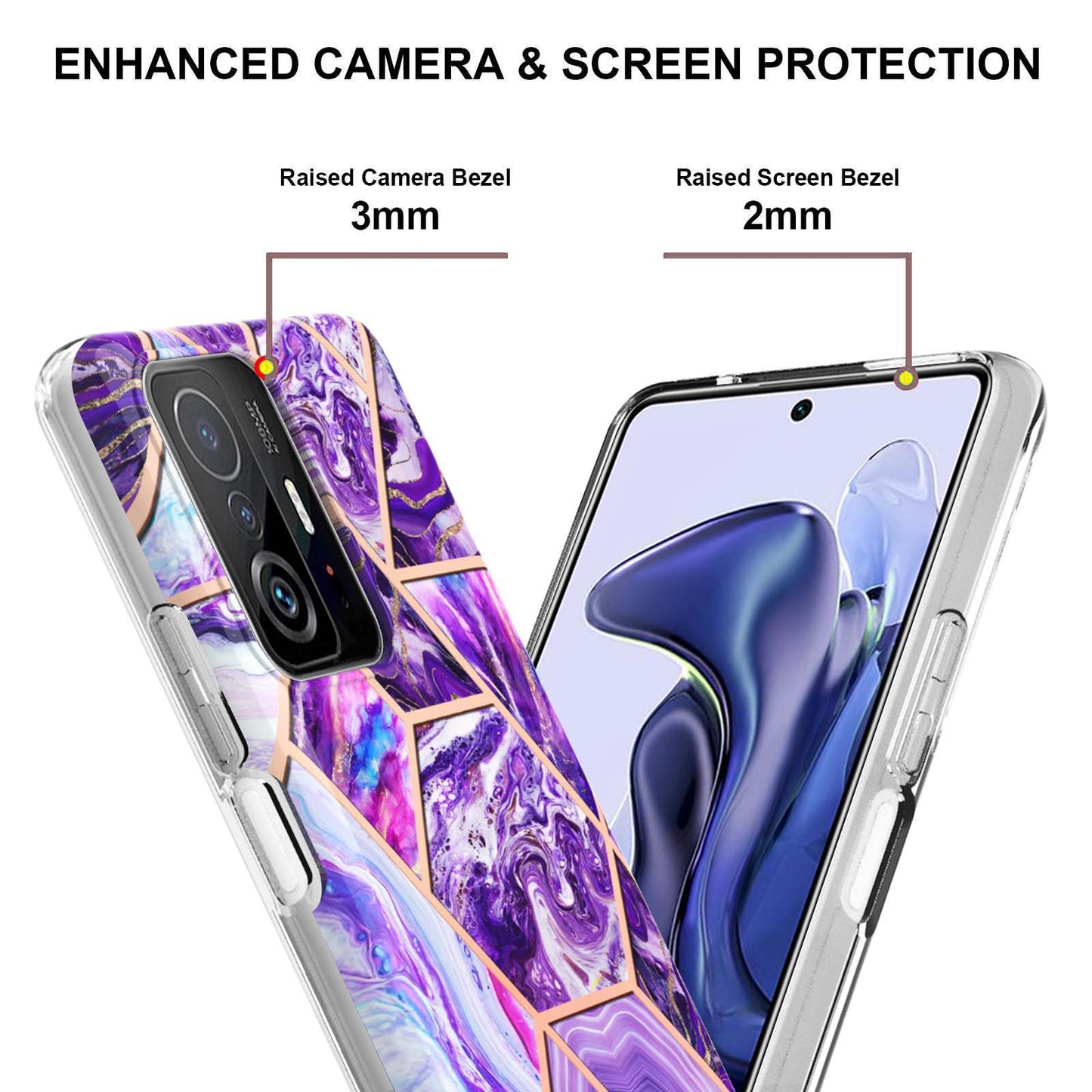 2.0mm Ultra-thin IMD Electroplating Scratch-resistant Marble Pattern Printing Flexible TPU Phone Case Shell for Xiaomi 11T/11T Pro