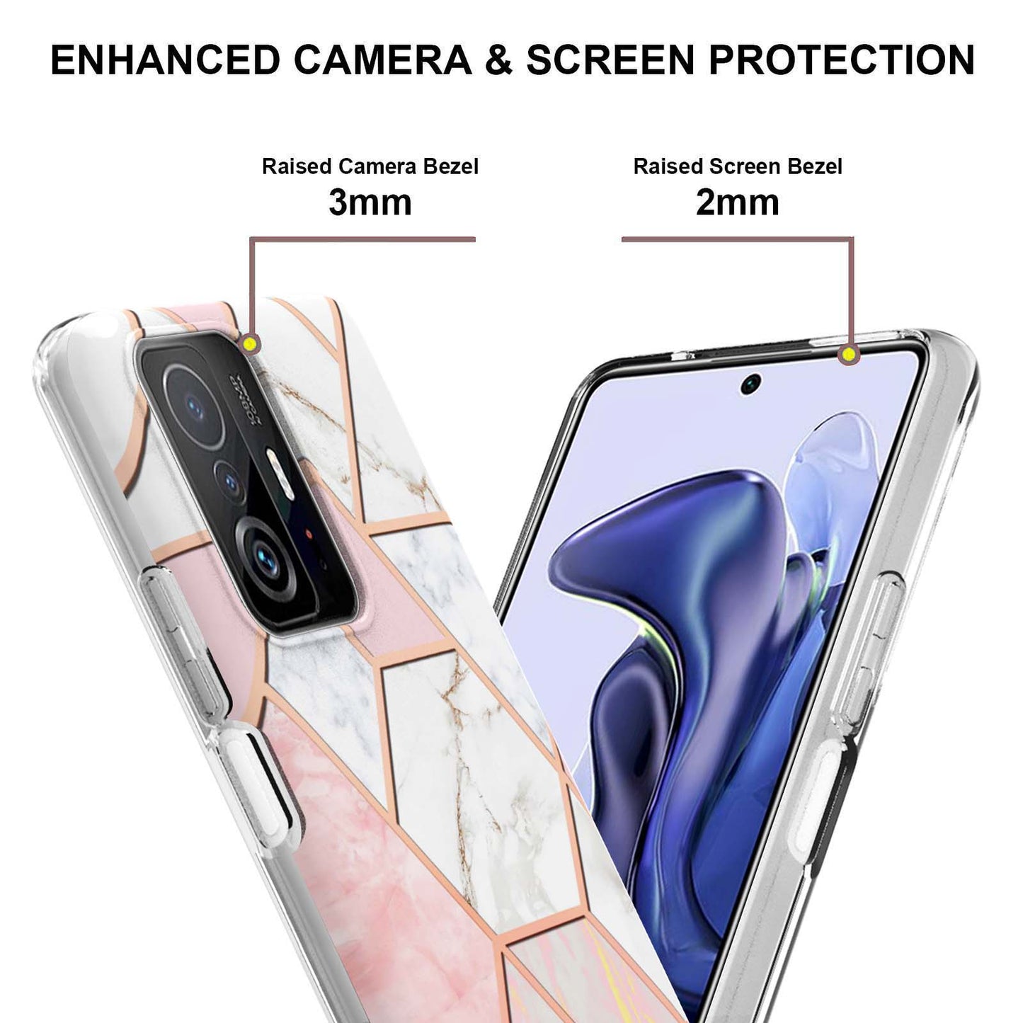2.0mm Ultra-thin IMD Electroplating Scratch-resistant Marble Pattern Printing Flexible TPU Phone Case Shell for Xiaomi 11T/11T Pro