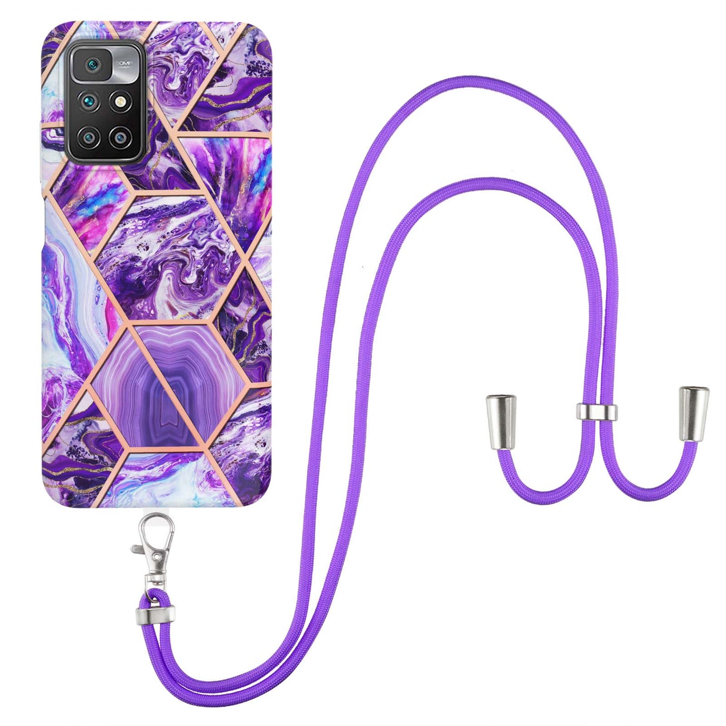 2.0mm Thick Marble Splicing Pattern Ultra Slim Thin Double-sided IMD Electroplating Soft Shockproof TPU Cover with Shoulder Strap for Xiaomi Redmi Note 11 4G (MediaTek)/10 4G (2021)/10 2022 4G/10 Prime