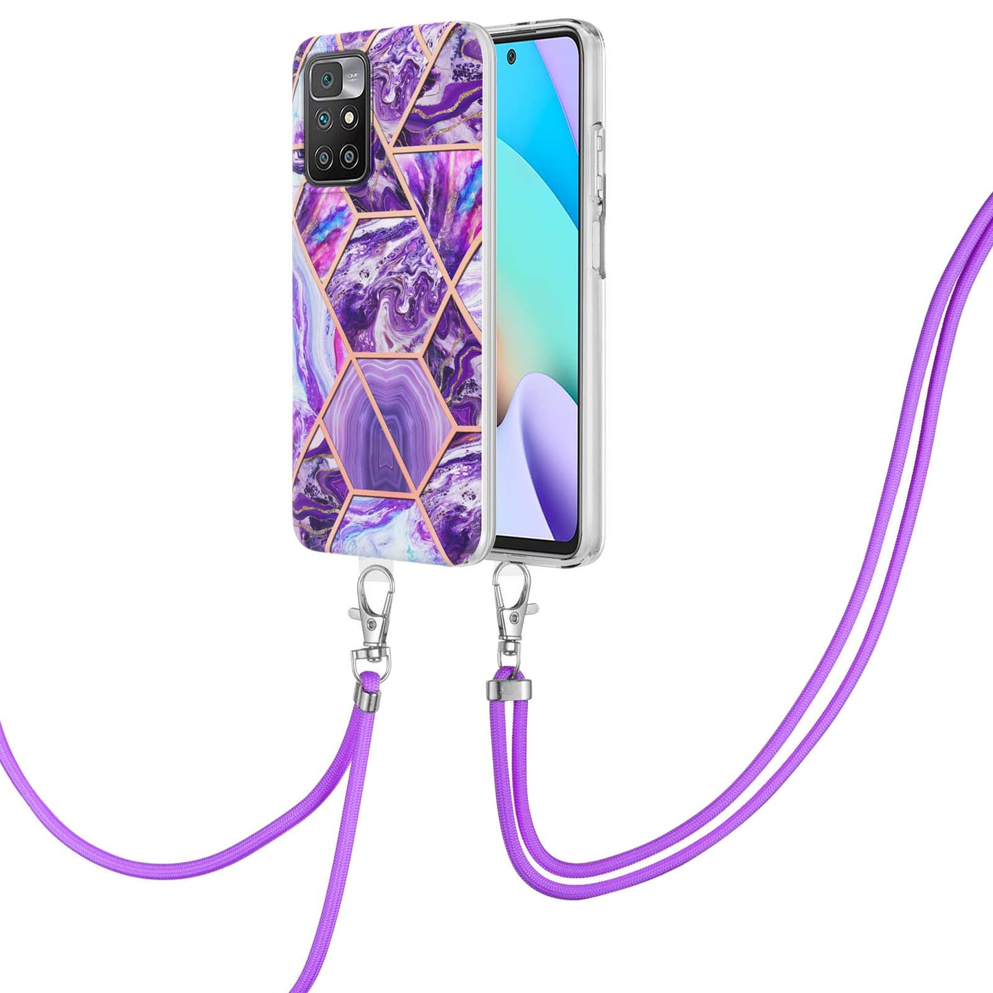 2.0mm Thick Marble Splicing Pattern Ultra Slim Thin Double-sided IMD Electroplating Soft Shockproof TPU Cover with Shoulder Strap for Xiaomi Redmi Note 11 4G (MediaTek)/10 4G (2021)/10 2022 4G/10 Prime