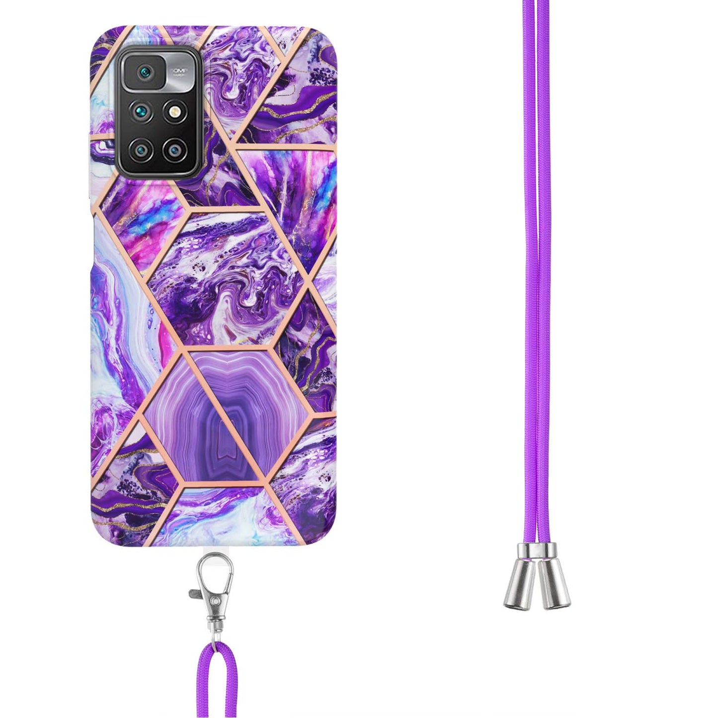 2.0mm Thick Marble Splicing Pattern Ultra Slim Thin Double-sided IMD Electroplating Soft Shockproof TPU Cover with Shoulder Strap for Xiaomi Redmi Note 11 4G (MediaTek)/10 4G (2021)/10 2022 4G/10 Prime