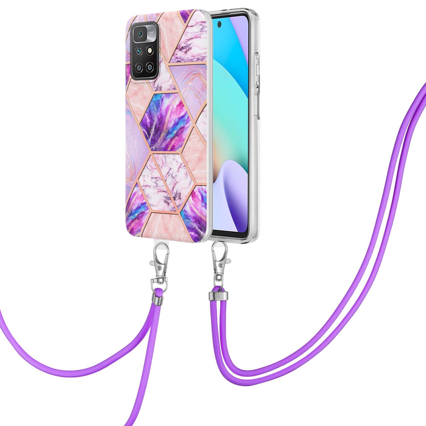2.0mm Thick Marble Splicing Pattern Ultra Slim Thin Double-sided IMD Electroplating Soft Shockproof TPU Cover with Shoulder Strap for Xiaomi Redmi Note 11 4G (MediaTek)/10 4G (2021)/10 2022 4G/10 Prime