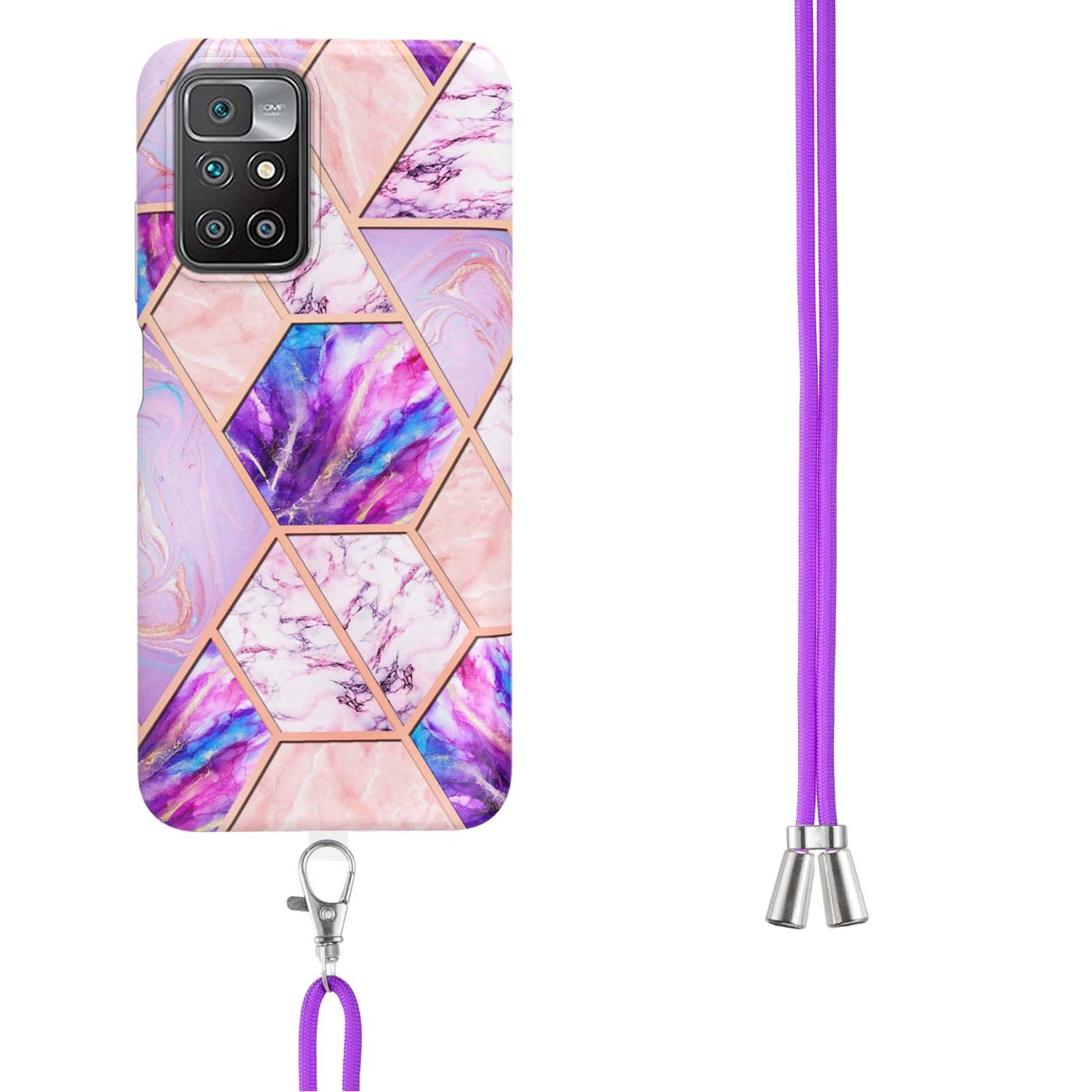 2.0mm Thick Marble Splicing Pattern Ultra Slim Thin Double-sided IMD Electroplating Soft Shockproof TPU Cover with Shoulder Strap for Xiaomi Redmi Note 11 4G (MediaTek)/10 4G (2021)/10 2022 4G/10 Prime