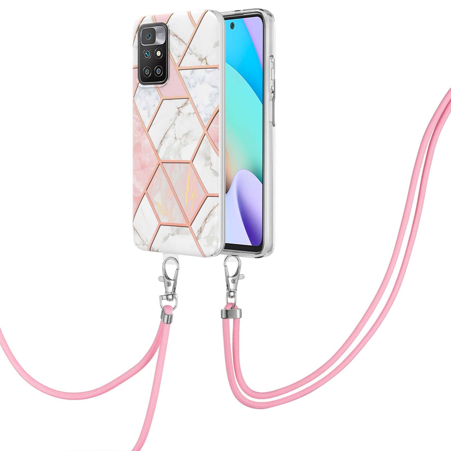 2.0mm Thick Marble Splicing Pattern Ultra Slim Thin Double-sided IMD Electroplating Soft Shockproof TPU Cover with Shoulder Strap for Xiaomi Redmi Note 11 4G (MediaTek)/10 4G (2021)/10 2022 4G/10 Prime