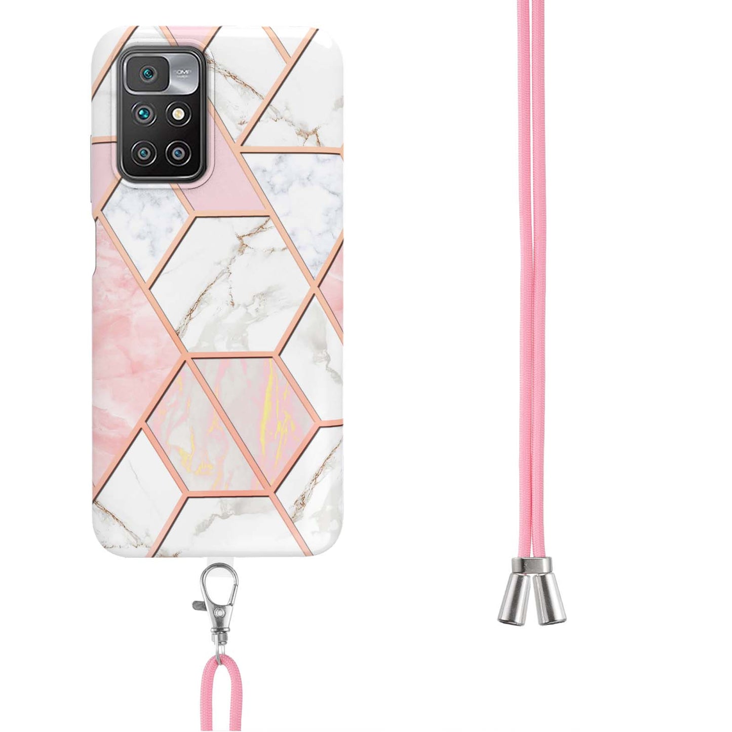 2.0mm Thick Marble Splicing Pattern Ultra Slim Thin Double-sided IMD Electroplating Soft Shockproof TPU Cover with Shoulder Strap for Xiaomi Redmi Note 11 4G (MediaTek)/10 4G (2021)/10 2022 4G/10 Prime