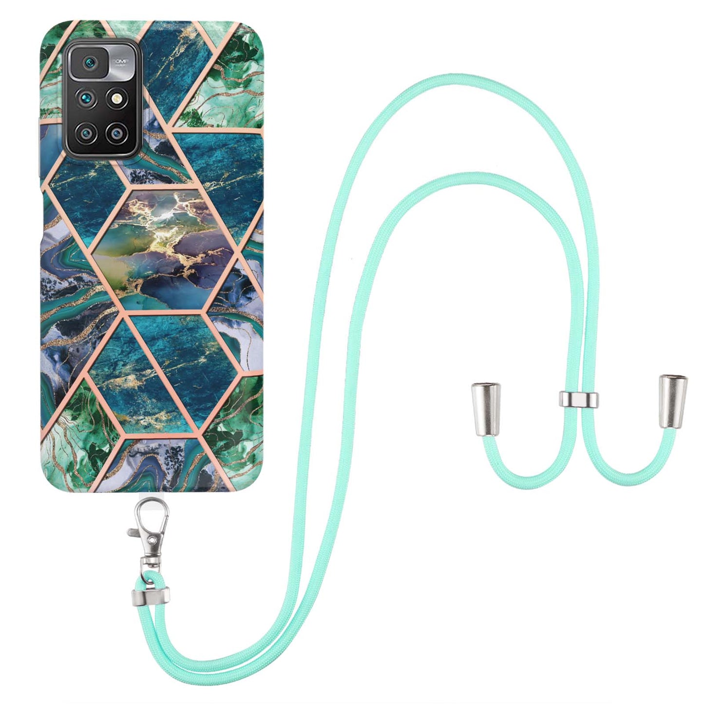 2.0mm Thick Marble Splicing Pattern Ultra Slim Thin Double-sided IMD Electroplating Soft Shockproof TPU Cover with Shoulder Strap for Xiaomi Redmi Note 11 4G (MediaTek)/10 4G (2021)/10 2022 4G/10 Prime
